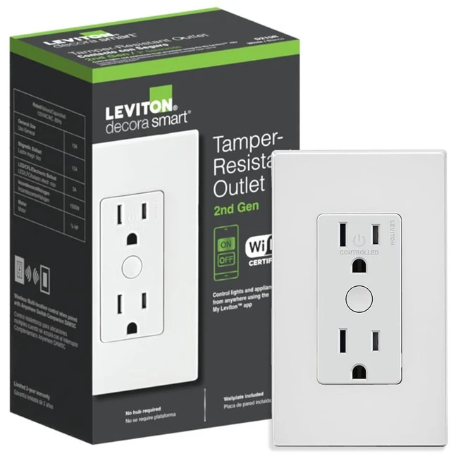 Main image of Decora Smart Outlet, Tamper-Resistant 15A, Wi-Fi 2nd Gen, Works with My, Alexa, Google Assistant, Apple Home/Siri & Wire-Free Companions for Switched Outlet, D215R-1RW, White