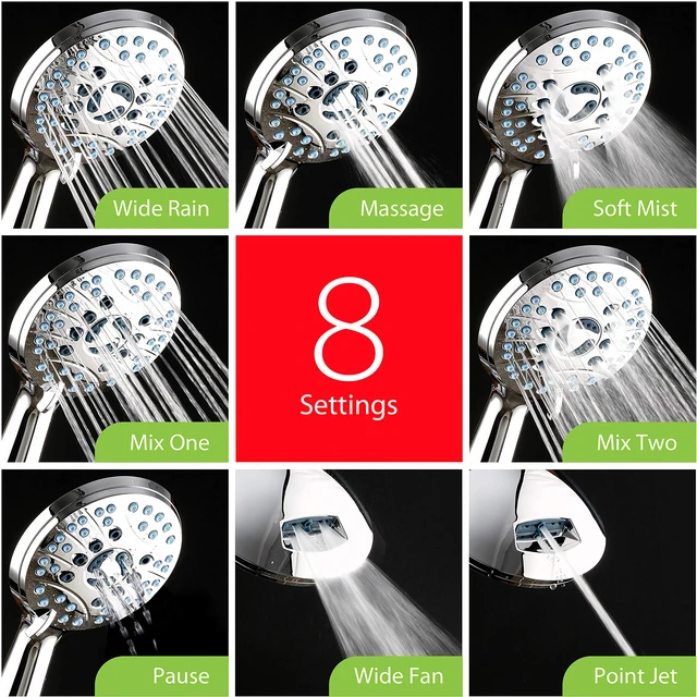 Alt view image 4 of 7 - AquaCare 8-mode High Pressure Handheld Shower Head with 2-mode Power Wash Stay Clean Nozzles, Dual Power Wash for Tub, Tile & Pets, Long 6 ft. Stainless Steel Hose, Wall & Overhead Brackets / Chrome