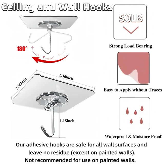 Alt view image 5 of 7 - 100 Pack Heavy Duty Self Adhesive Hooks 50 lbs Transparent Reusable Sticky Wall Hooks for Hanging Waterproof Adhesive Hooks for Kitchen, Towel, Bathroom Shower, Office, and Outdoor No Damage