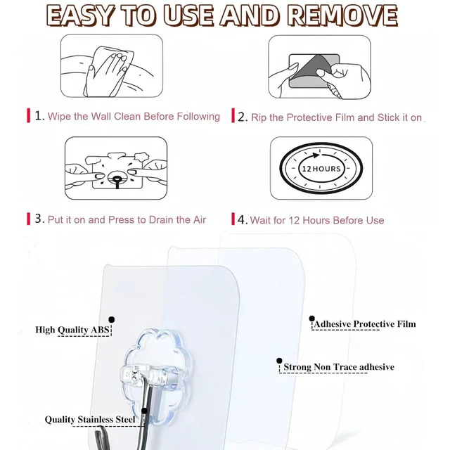 Alt view image 6 of 7 - 100 Pack Heavy Duty Self Adhesive Hooks 50 lbs Transparent Reusable Sticky Wall Hooks for Hanging Waterproof Adhesive Hooks for Kitchen, Towel, Bathroom Shower, Office, and Outdoor No Damage