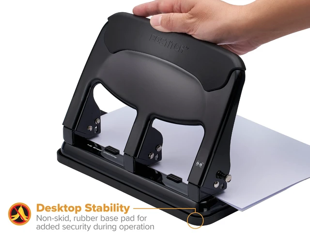 Alt view image 4 of 7 - EZ Squeeze Heavy Duty 3 Hole Punch, 40 Sheet Capacity, Black EZ-Squeeze Technology, All-Metal Construction, Easy-to-Clean Tray, Keeps Documents Centered, Built for Years of Use