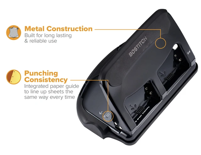 Alt view image 5 of 7 - EZ Squeeze Heavy Duty 3 Hole Punch, 40 Sheet Capacity, Black EZ-Squeeze Technology, All-Metal Construction, Easy-to-Clean Tray, Keeps Documents Centered, Built for Years of Use
