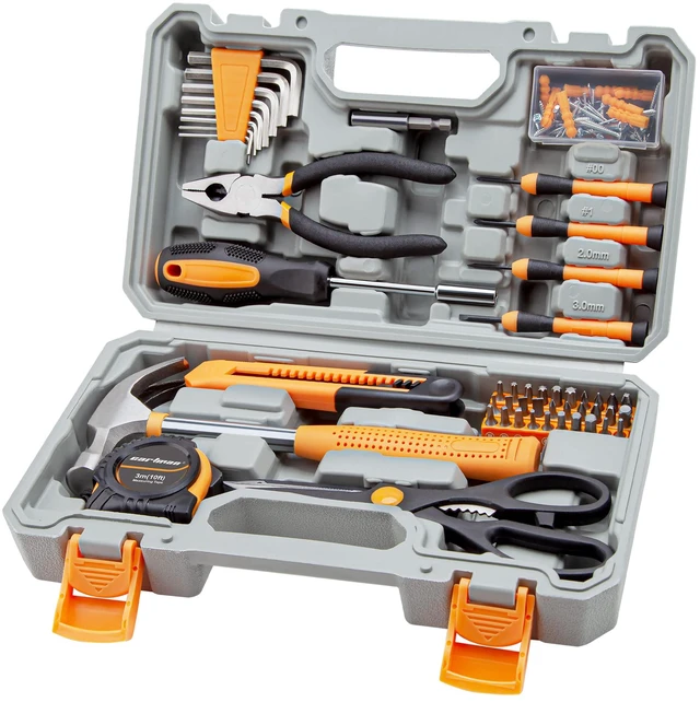 Main image of Complete Household Tool Set, Orange Hand Kit With Storage Case Versatile tool assortment for home repairs, DIY projects, furniture setup, crafting, and daily household fixes in toolbox