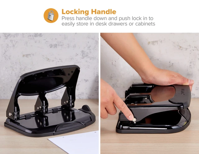 Alt view image 6 of 7 - EZ Squeeze Heavy Duty 3 Hole Punch, 40 Sheet Capacity, Black EZ-Squeeze Technology, All-Metal Construction, Easy-to-Clean Tray, Keeps Documents Centered, Built for Years of Use