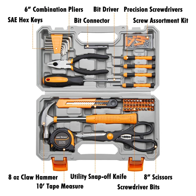 Alt view image 2 of 7 - Complete Household Tool Set, Orange Hand Kit With Storage Case Versatile tool assortment for home repairs, DIY projects, furniture setup, crafting, and daily household fixes in toolbox
