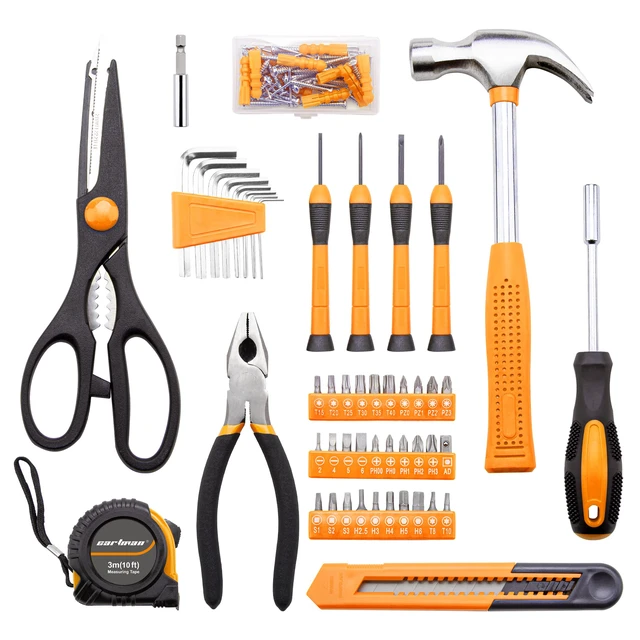Alt view image 3 of 7 - Complete Household Tool Set, Orange Hand Kit With Storage Case Versatile tool assortment for home repairs, DIY projects, furniture setup, crafting, and daily household fixes in toolbox