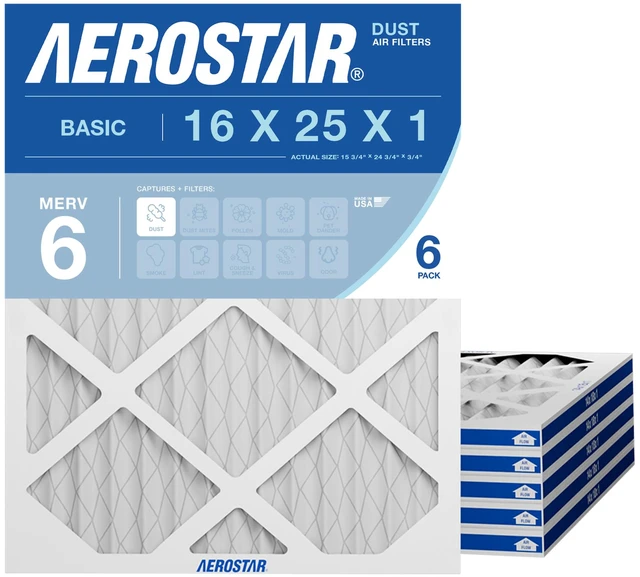 Main image of 16x25x1 MERV 6 Pleated Air Filter, AC Furnace Air Filter, 6 Pack (Actual Size: 15 3/4"x 24 3/4" x 3/4")