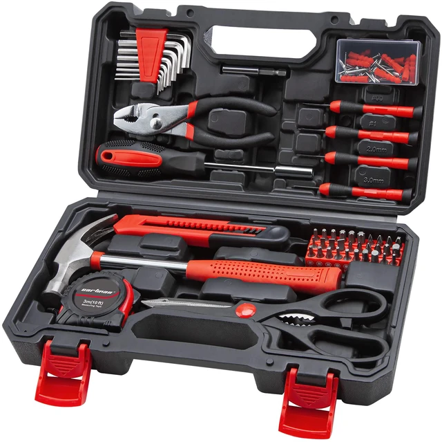 Main image of Complete Household Tool Set, Red Hand Kit With Storage Case Versatile tool assortment for home repairs, DIY projects, furniture setup, crafting, and daily household fixes in toolbox