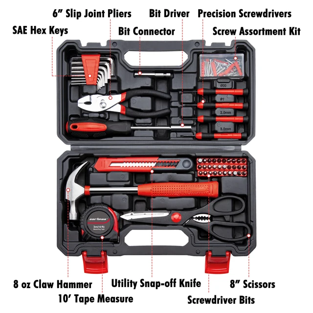 Alt view image 2 of 6 - Complete Household Tool Set, Red Hand Kit With Storage Case Versatile tool assortment for home repairs, DIY projects, furniture setup, crafting, and daily household fixes in toolbox