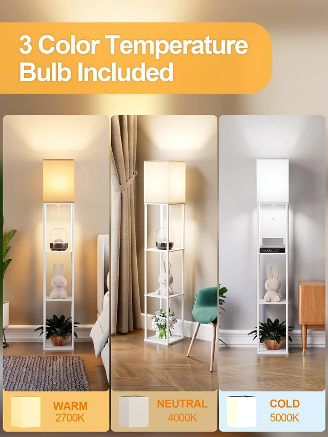 Alt view image 3 of 7 - Floor Lamp with Shelves for Living Room White, Shelf Floor Lamp with 3 CCT LED Bulb, Corner Display Standing Column Lamp Etagere Organizer Tower Nightstand with White Linen Shade for Bedroom, Office