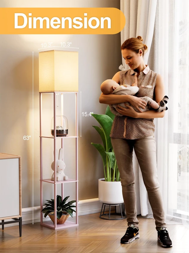 Alt view image 3 of 7 - Pink Floor Lamp with Shelves for Living Room, Shelf Floor Lamp with 3 CCT LED Bulb, Corner Display Standing Column Lamp Etagere Organizer Tower Nightstand with White Linen Shade for Bedroom, Office