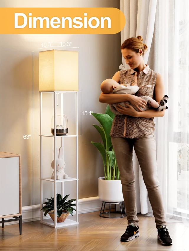 Alt view image 4 of 7 - Floor Lamp with Shelves for Living Room White, Shelf Floor Lamp with 3 CCT LED Bulb, Corner Display Standing Column Lamp Etagere Organizer Tower Nightstand with White Linen Shade for Bedroom, Office
