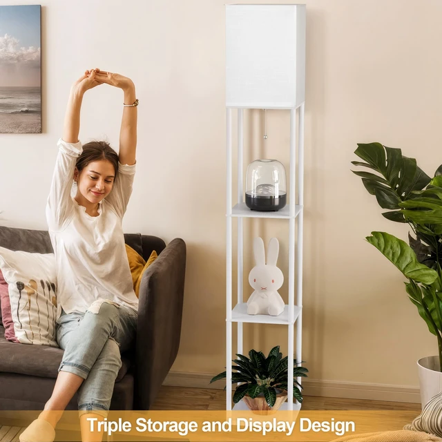 Alt view image 6 of 7 - Floor Lamp with Shelves for Living Room White, Shelf Floor Lamp with 3 CCT LED Bulb, Corner Display Standing Column Lamp Etagere Organizer Tower Nightstand with White Linen Shade for Bedroom, Office