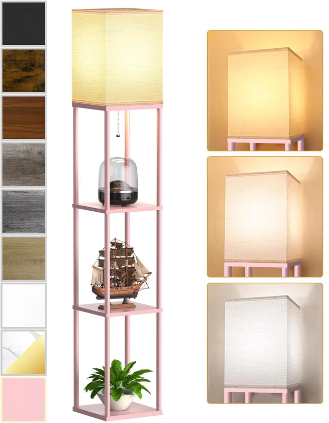 Main image of Pink Floor Lamp with Shelves for Living Room, Shelf Floor Lamp with 3 CCT LED Bulb, Corner Display Standing Column Lamp Etagere Organizer Tower Nightstand with White Linen Shade for Bedroom, Office