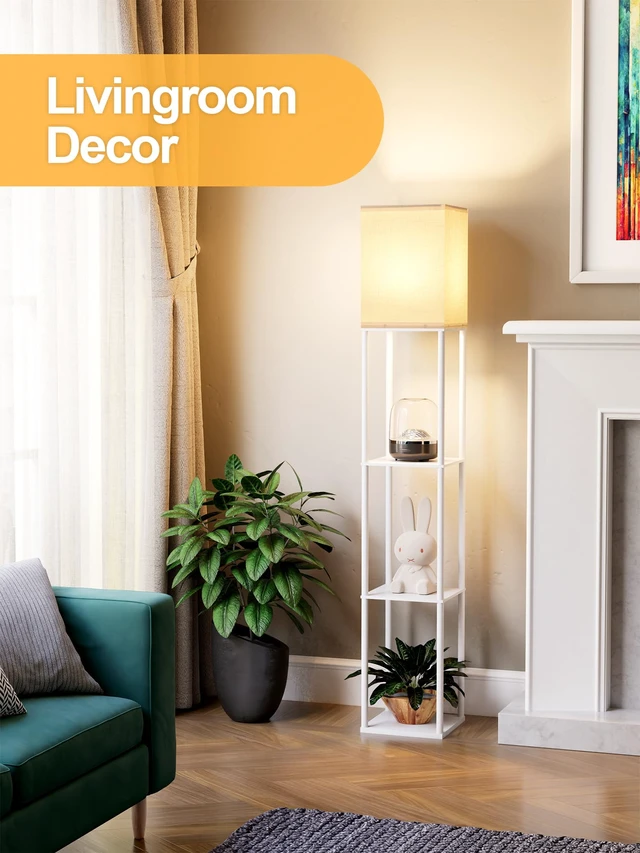 Alt view image 7 of 7 - Floor Lamp with Shelves for Living Room White, Shelf Floor Lamp with 3 CCT LED Bulb, Corner Display Standing Column Lamp Etagere Organizer Tower Nightstand with White Linen Shade for Bedroom, Office