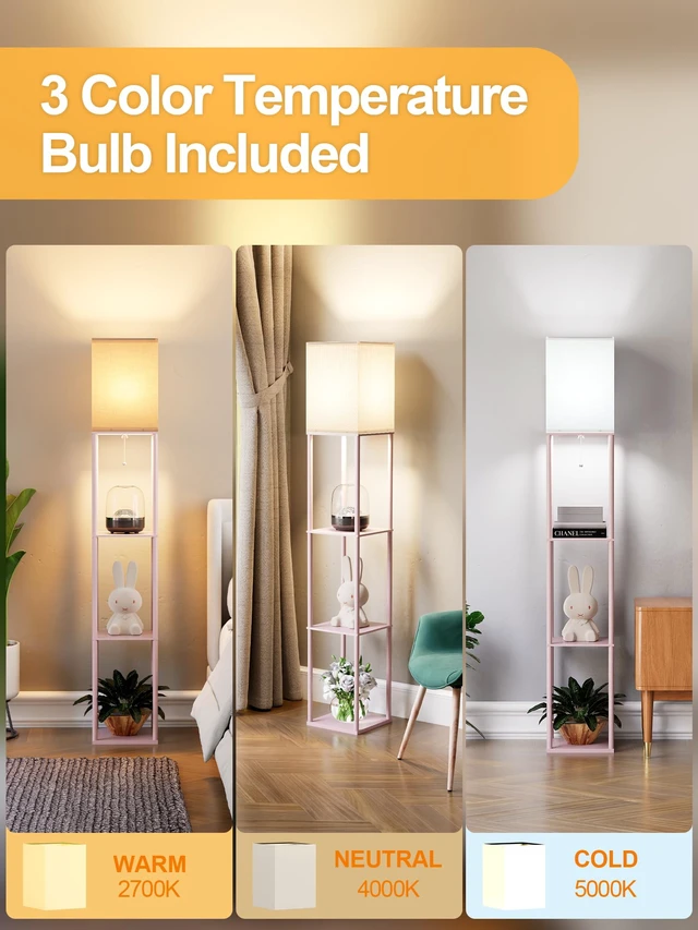 Alt view image 2 of 7 - Pink Floor Lamp with Shelves for Living Room, Shelf Floor Lamp with 3 CCT LED Bulb, Corner Display Standing Column Lamp Etagere Organizer Tower Nightstand with White Linen Shade for Bedroom, Office
