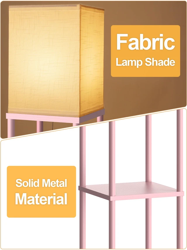 Alt view image 4 of 7 - Pink Floor Lamp with Shelves for Living Room, Shelf Floor Lamp with 3 CCT LED Bulb, Corner Display Standing Column Lamp Etagere Organizer Tower Nightstand with White Linen Shade for Bedroom, Office