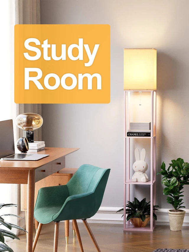 Alt view image 7 of 7 - Pink Floor Lamp with Shelves for Living Room, Shelf Floor Lamp with 3 CCT LED Bulb, Corner Display Standing Column Lamp Etagere Organizer Tower Nightstand with White Linen Shade for Bedroom, Office