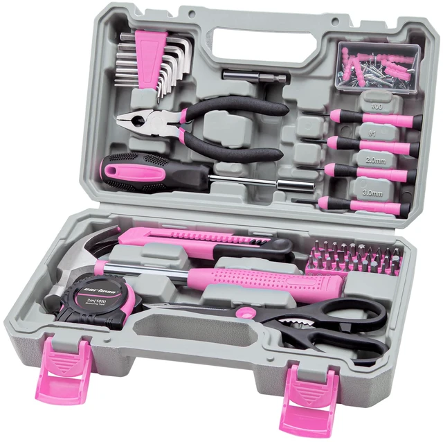 Main image of Complete Household Tool Set, Pink Hand Kit With Storage Case Versatile tool assortment for home repairs, DIY projects, furniture setup, crafting, and daily household fixes in toolbox