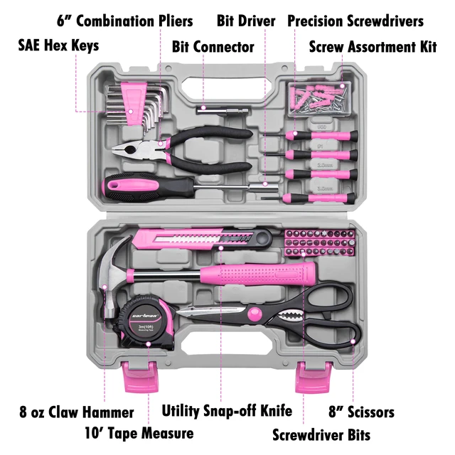 Alt view image 2 of 7 - Complete Household Tool Set, Pink Hand Kit With Storage Case Versatile tool assortment for home repairs, DIY projects, furniture setup, crafting, and daily household fixes in toolbox