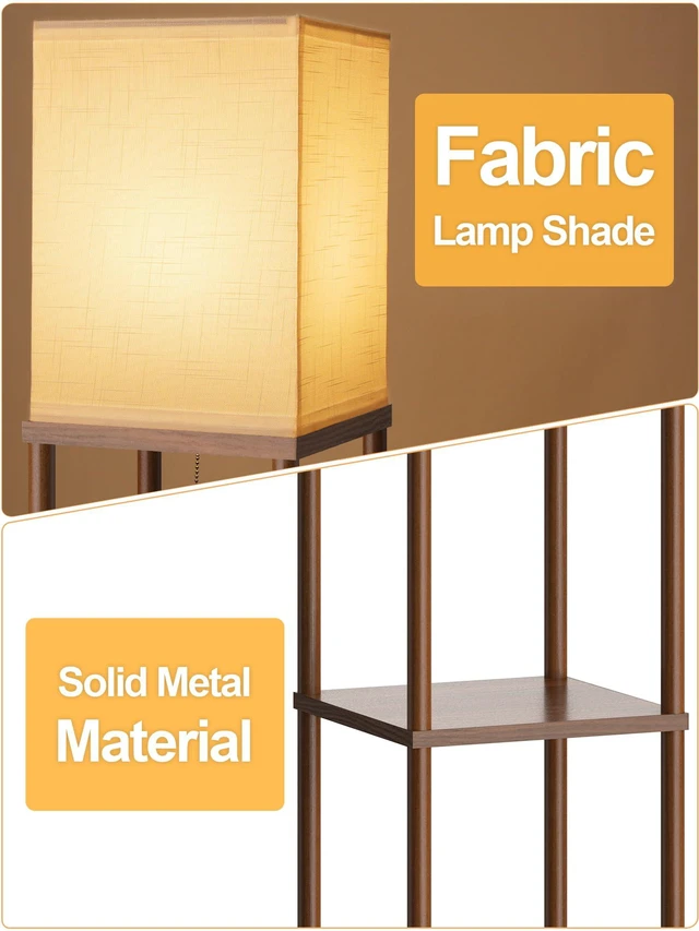 Alt view image 2 of 7 - Floor Lamp with Shelves for Living Room Walnut Brown, Shelf Floor Lamp with 3 CCT LED Bulb, Corner Display Standing Column Lamp Etagere Organizer Tower Nightstand with White Linen Shade for Bedroom