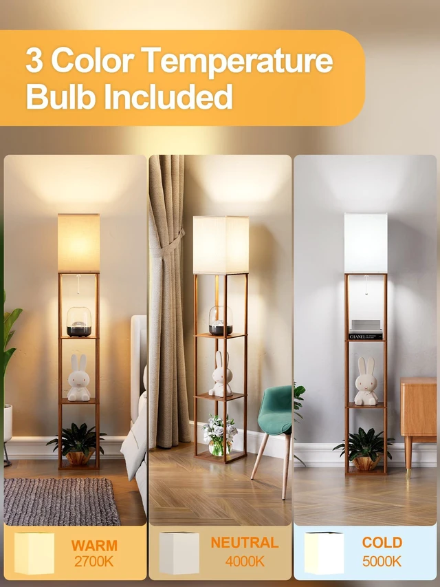 Alt view image 3 of 7 - Floor Lamp with Shelves for Living Room Walnut Brown, Shelf Floor Lamp with 3 CCT LED Bulb, Corner Display Standing Column Lamp Etagere Organizer Tower Nightstand with White Linen Shade for Bedroom