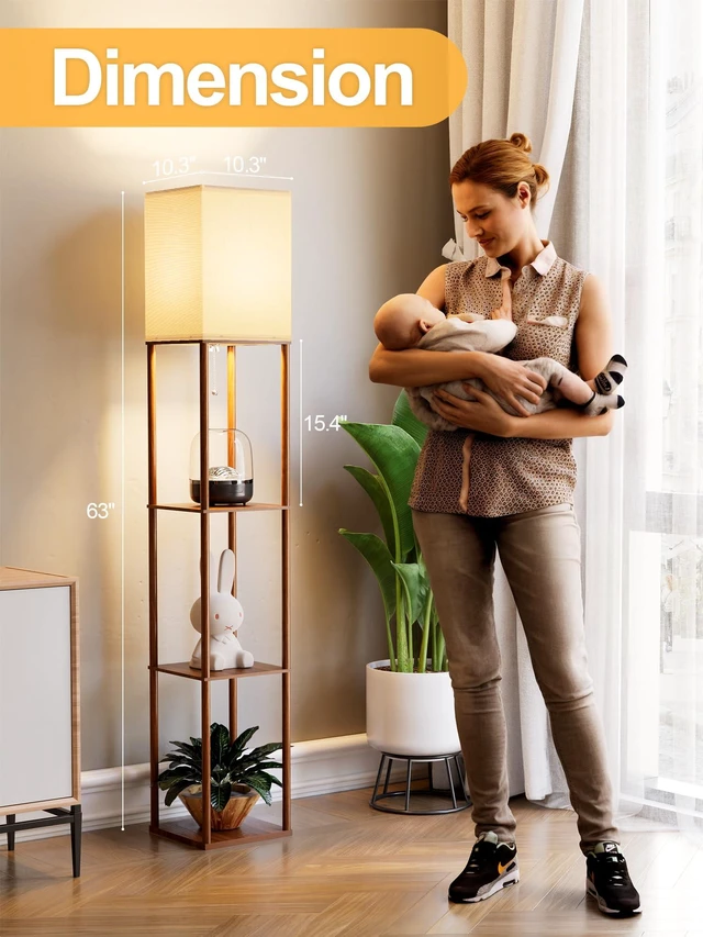 Alt view image 4 of 7 - Floor Lamp with Shelves for Living Room Walnut Brown, Shelf Floor Lamp with 3 CCT LED Bulb, Corner Display Standing Column Lamp Etagere Organizer Tower Nightstand with White Linen Shade for Bedroom