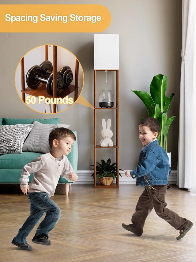 Alt view image 5 of 7 - Floor Lamp with Shelves for Living Room Walnut Brown, Shelf Floor Lamp with 3 CCT LED Bulb, Corner Display Standing Column Lamp Etagere Organizer Tower Nightstand with White Linen Shade for Bedroom