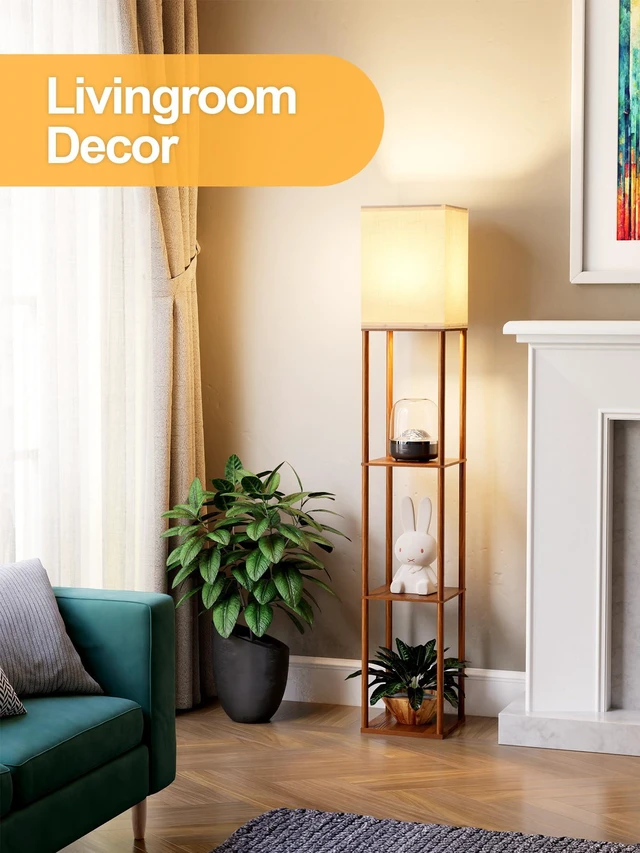 Alt view image 6 of 7 - Floor Lamp with Shelves for Living Room Walnut Brown, Shelf Floor Lamp with 3 CCT LED Bulb, Corner Display Standing Column Lamp Etagere Organizer Tower Nightstand with White Linen Shade for Bedroom