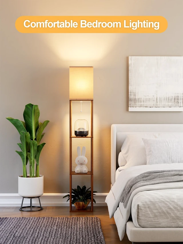 Alt view image 7 of 7 - Floor Lamp with Shelves for Living Room Walnut Brown, Shelf Floor Lamp with 3 CCT LED Bulb, Corner Display Standing Column Lamp Etagere Organizer Tower Nightstand with White Linen Shade for Bedroom