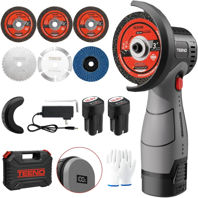 Main image of Brushless Cordless Angle Grinder 3", 16.8V Cut-Off Tool, LED, Gray 19500 RPM Mini Angle Grinder with Overheat Protection, 2x 2.0Ah Batteries, Hard Case & 6 Discs for Metal/Wood/Tile