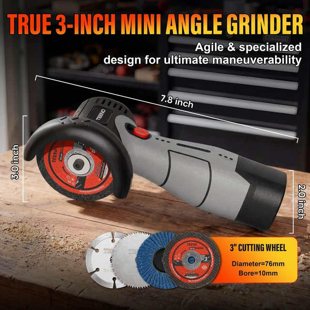 Alt view image 2 of 7 - Brushless Cordless Angle Grinder 3", 16.8V Cut-Off Tool, LED, Gray 19500 RPM Mini Angle Grinder with Overheat Protection, 2x 2.0Ah Batteries, Hard Case & 6 Discs for Metal/Wood/Tile