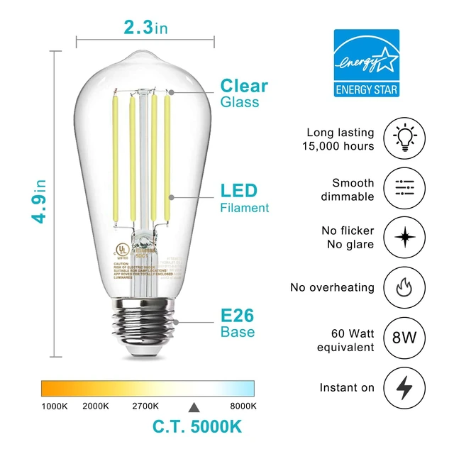 Alt view image 2 of 7 - 12 Pack Edison LED Light Bulbs, E26 Base, 8W 5000K, Dimmable Vintage ST58 Filament Design, 60W Equivalent, 800 Lumens, CRI 80+, Antique Glass Style for Home, Bedroom & Farmhouse