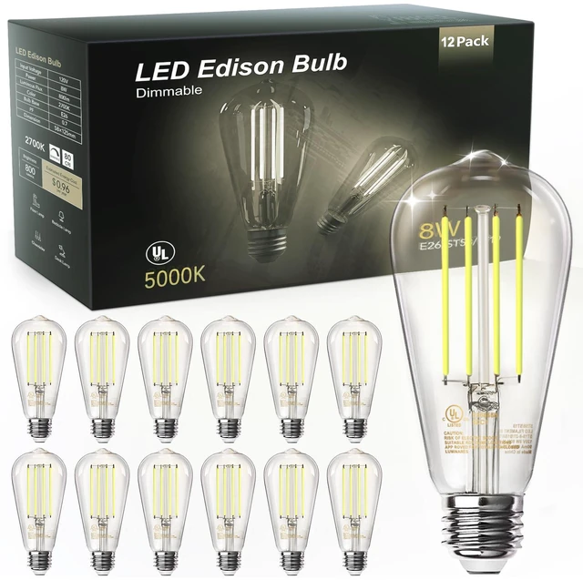 Main image of 12 Pack Edison LED Light Bulbs, E26 Base, 8W 5000K, Dimmable Vintage ST58 Filament Design, 60W Equivalent, 800 Lumens, CRI 80+, Antique Glass Style for Home, Bedroom & Farmhouse