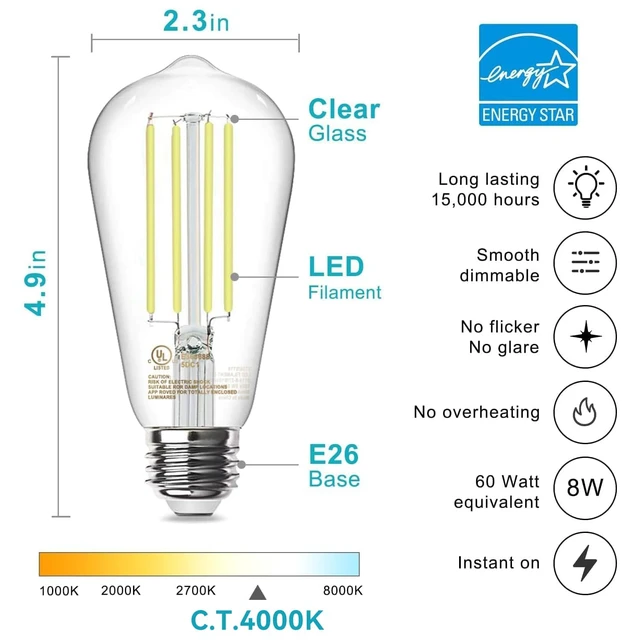 Main image of 12 Pack Edison LED Light Bulbs, E26 Base, 8W 4000K, Dimmable Vintage ST58 Filament Design, 60W Equivalent, 800 Lumens, CRI 80+, Antique Glass Style for Home, Bedroom & Farmhouse