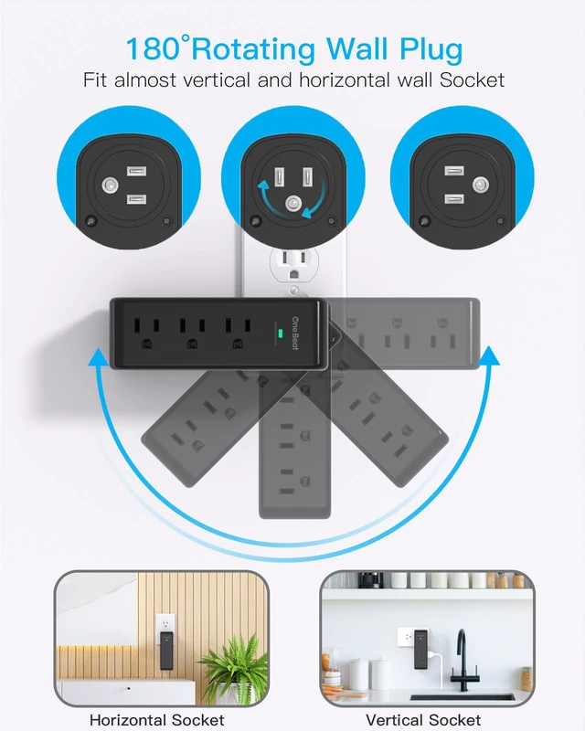 Alt view image 3 of 7 - Surge Protector Outlet Extender Rotating Plug, 9 AC Multi Plug Outlet,Black 1800J Wall Charger, 3-Sided Power Strip Electrical Plug Adapter Outlet Splitter Plug Expander for Home Office College Dorm