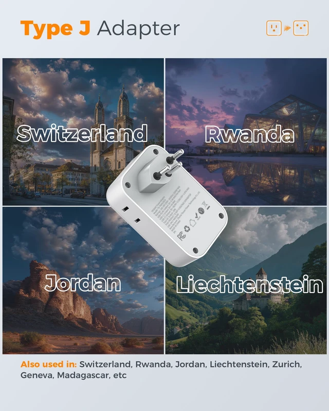 Alt view image 2 of 7 - Switzerland Travel Plug Adapter 2 Pack, PD 20W Type J Adapter 4 AC Outlets, 4 USB Ports (2 USB C), Swiss Plug Adapter, US to Rwanda Jordan Liechtenstein Madagascar