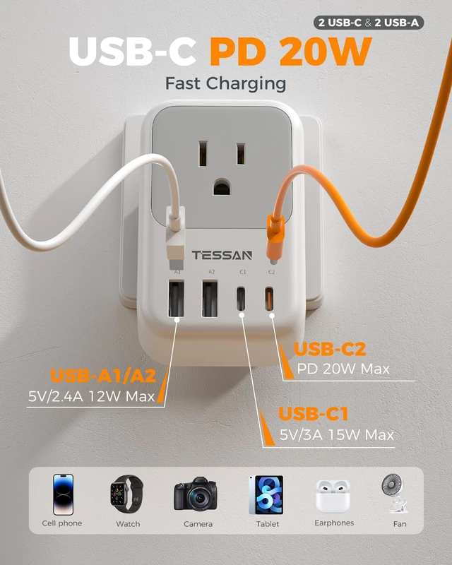 Alt view image 3 of 7 - Switzerland Travel Plug Adapter 2 Pack, PD 20W Type J Adapter 4 AC Outlets, 4 USB Ports (2 USB C), Swiss Plug Adapter, US to Rwanda Jordan Liechtenstein Madagascar