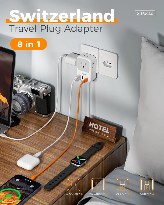 Alt view image 4 of 7 - Switzerland Travel Plug Adapter 2 Pack, PD 20W Type J Adapter 4 AC Outlets, 4 USB Ports (2 USB C), Swiss Plug Adapter, US to Rwanda Jordan Liechtenstein Madagascar