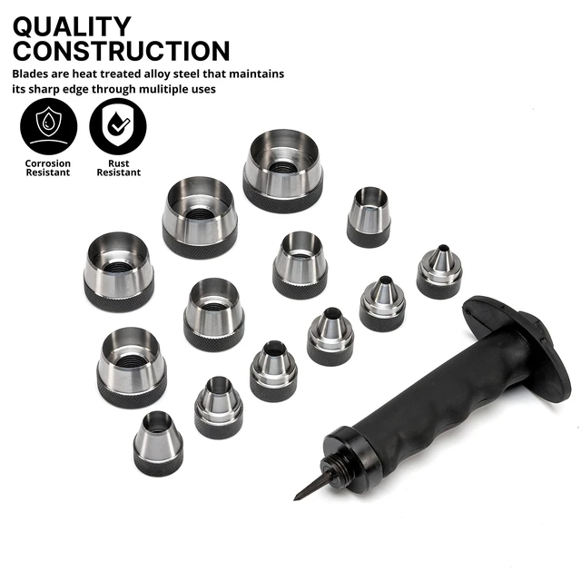 Alt view image 2 of 7 - 02604A Hole Punch Set | SAE & Metric, 3/16 1-3/8 & 5 35mm | 14 Piece Sharp Hollow Hole Punch Kit, Gasket Cutting Puncher, Foam Cutter, & Leather Hole Punches | 6 Interchangeable