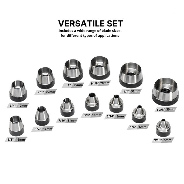 Alt view image 3 of 7 - 02604A Hole Punch Set | SAE & Metric, 3/16 1-3/8 & 5 35mm | 14 Piece Sharp Hollow Hole Punch Kit, Gasket Cutting Puncher, Foam Cutter, & Leather Hole Punches | 6 Interchangeable