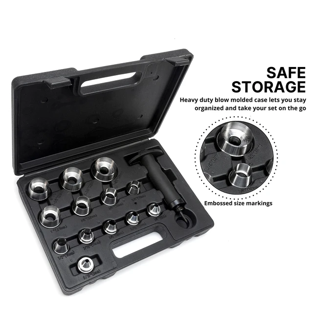 Alt view image 5 of 7 - 02604A Hole Punch Set | SAE & Metric, 3/16 1-3/8 & 5 35mm | 14 Piece Sharp Hollow Hole Punch Kit, Gasket Cutting Puncher, Foam Cutter, & Leather Hole Punches | 6 Interchangeable