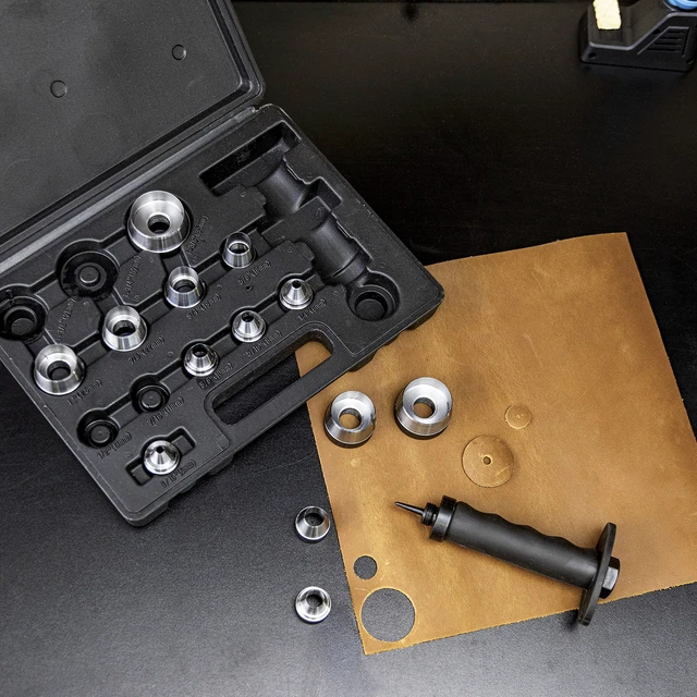 Alt view image 6 of 7 - 02604A Hole Punch Set | SAE & Metric, 3/16 1-3/8 & 5 35mm | 14 Piece Sharp Hollow Hole Punch Kit, Gasket Cutting Puncher, Foam Cutter, & Leather Hole Punches | 6 Interchangeable