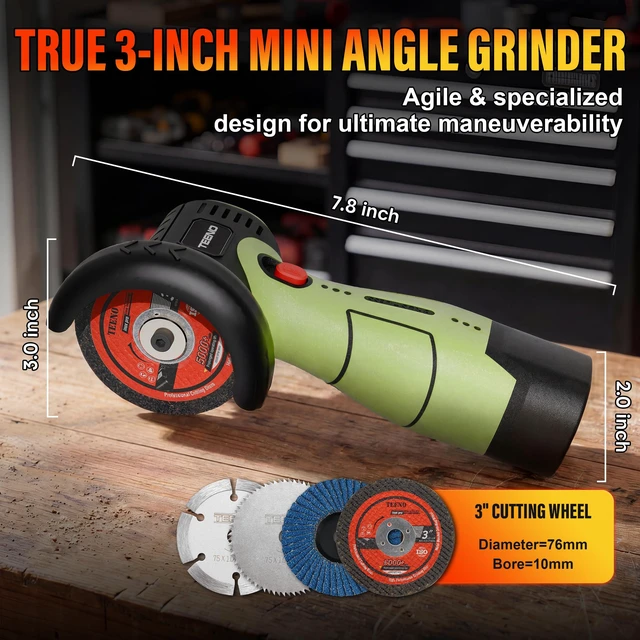 Alt view image 2 of 7 - Brushless Cordless Angle Grinder 3", 16.8V Cut-Off Tool, LED, Green 19500 RPM Mini Angle Grinder with Overheat Protection, 2x 2.0Ah Batteries, Hard Case & 6 Discs for Metal/Wood/Tile