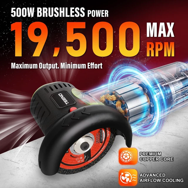 Alt view image 3 of 7 - Brushless Cordless Angle Grinder 3", 16.8V Cut-Off Tool, LED, Green 19500 RPM Mini Angle Grinder with Overheat Protection, 2x 2.0Ah Batteries, Hard Case & 6 Discs for Metal/Wood/Tile