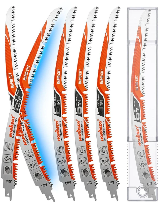 Main image of 15 Inch Reciprocating Saw Blades, 5 Pack, 6TPI Japanese Teeth Arc Edge CR-V Steel Pruning Saw Blades for Tree Trimming and Wood Cutting, with Storage Case