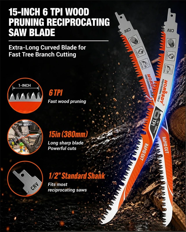 Alt view image 2 of 7 - 15 Inch Reciprocating Saw Blades, 5 Pack, 6TPI Japanese Teeth Arc Edge CR-V Steel Pruning Saw Blades for Tree Trimming and Wood Cutting, with Storage Case