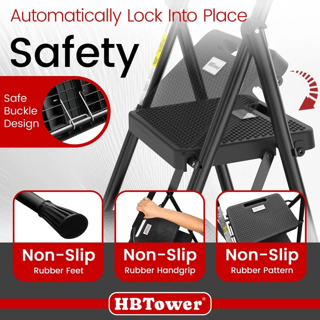 Alt view image 2 of 7 - Step Ladder, Folding Step Stool with Wide Anti-Slip Pedal Sturdy Steel Ladder, Convenient Handrail, Lightweight, Portable Steel Step Stool