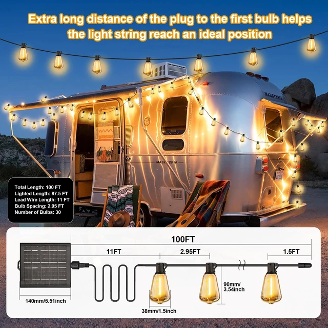 Alt view image 7 of 7 - 100FT Solar String Lights Outdoor Waterproof with Remote & Timer, LED Shatterproof ST38 Bulbs, USB & Solar Powered Patio Lights for Backyard, Porch, Garden, Wedding Decor, Dusk to Dawn Lighting