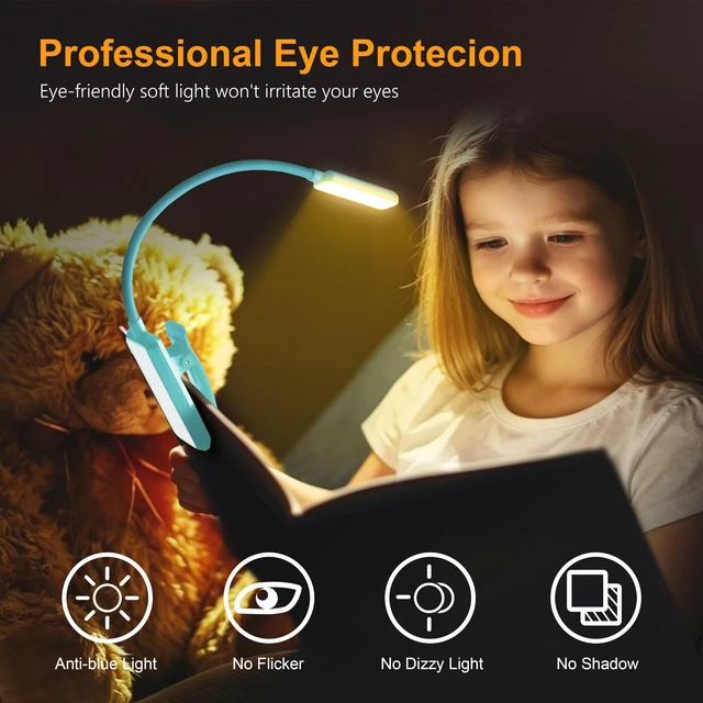 Alt view image 2 of 7 - 9 LED Rechargeable Book Light for Reading in Bed Eye Caring 3 Color Temps,Stepless Dimming Brightness,80 Hrs Runtime Small Lightweight Clip On Book Reading Light-Blue